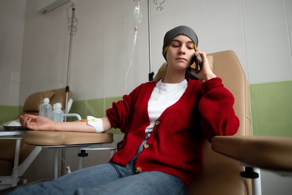 A woman sits in a hospital chair with a needle in her arm.